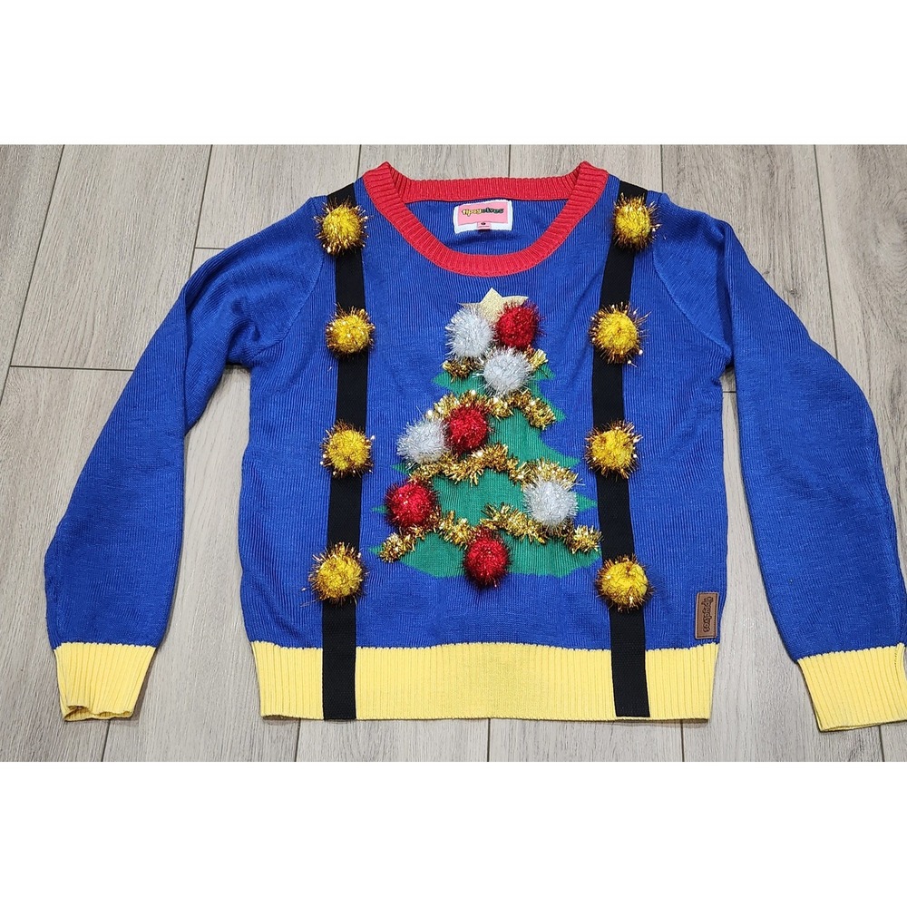 Tipsy Elves Ugly Christmas Sweater Tree Suspender Tinsel Pom Poms Women's L‎